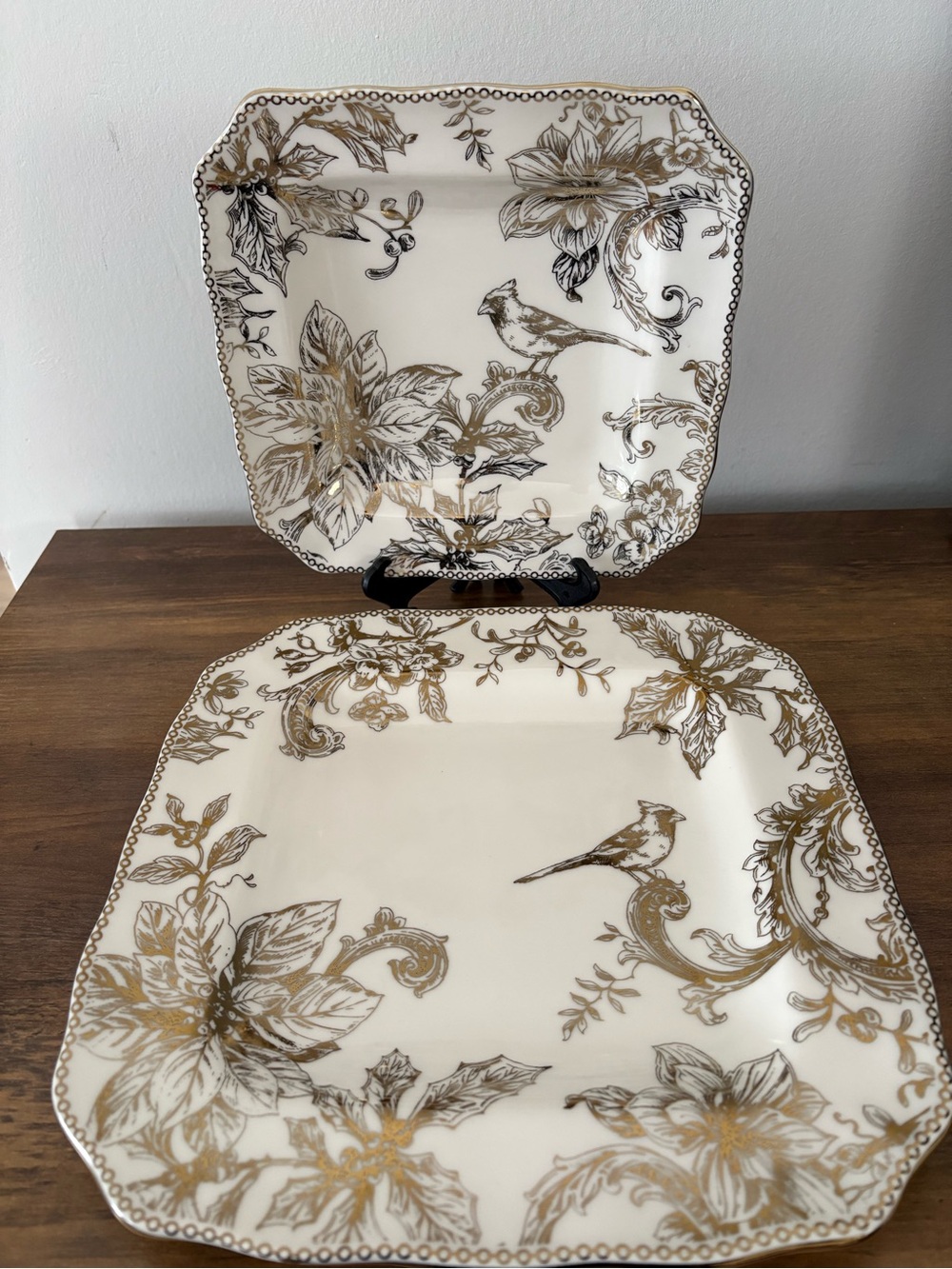 Adelaide Dinner and side Plate Gold Floral Bird Square - Picture 2 of 8
